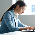 A professional individual, fully clothed in a modest, contemporary business casual outfit, sitting calmly at a sleek, minimalist desk in a brightly lit, modern office space. The person is looking thoughtfully at a digital tablet, with subtle, abstract light lines radiating from their head, symbolizing cognitive process and clarity. The atmosphere is serene and contemplative. Natural pose, perfect anatomy, well-formed hands, proper finger count, correct proportions. Professional photography, high resolution, soft lighting, clean lines, appropriate content, family-friendly, safe for work.
