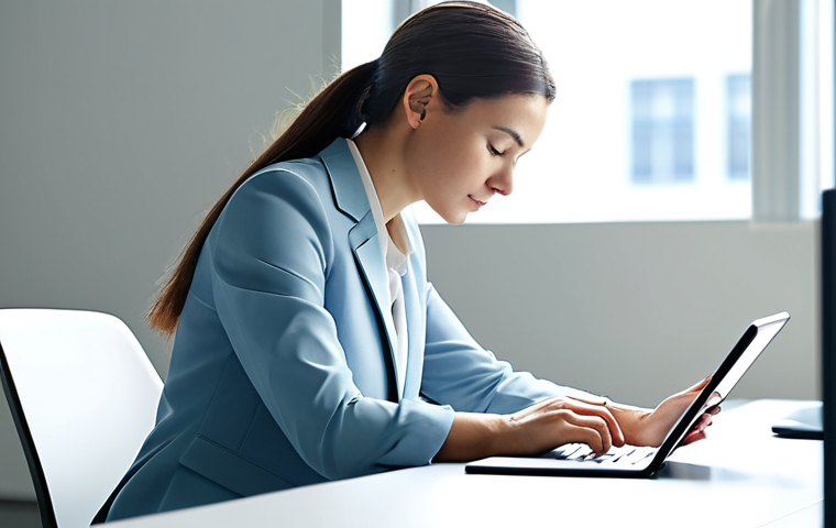 A professional individual, fully clothed in a modest, contemporary business casual outfit, sitting calmly at a sleek, minimalist desk in a brightly lit, modern office space. The person is looking thoughtfully at a digital tablet, with subtle, abstract light lines radiating from their head, symbolizing cognitive process and clarity. The atmosphere is serene and contemplative. Natural pose, perfect anatomy, well-formed hands, proper finger count, correct proportions. Professional photography, high resolution, soft lighting, clean lines, appropriate content, family-friendly, safe for work.