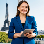 **

"A woman in a professional setting, fully clothed in a chic business suit, standing in a bright, modern office in Paris. She is smiling confidently, holding a tablet displaying a graph. Background includes Eiffel Tower visible through the window. Perfect anatomy, correct proportions, well-formed hands, natural pose. Safe for work, appropriate content, professional, family-friendly, high quality."

**