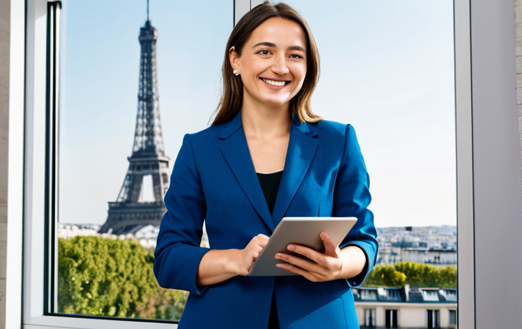 **
"A woman in a professional setting, fully clothed in a chic business suit, standing in a bright, modern office in Paris. She is smiling confidently, holding a tablet displaying a graph. Background includes Eiffel Tower visible through the window. Perfect anatomy, correct proportions, well-formed hands, natural pose. Safe for work, appropriate content, professional, family-friendly, high quality."
**