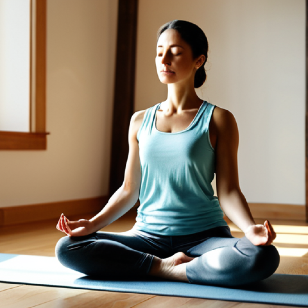 자기 대화의 부정적 영향 식별하기 - Mindfulness & Meditation**
"A serene woman in comfortable, modest clothing practices mindful breath...