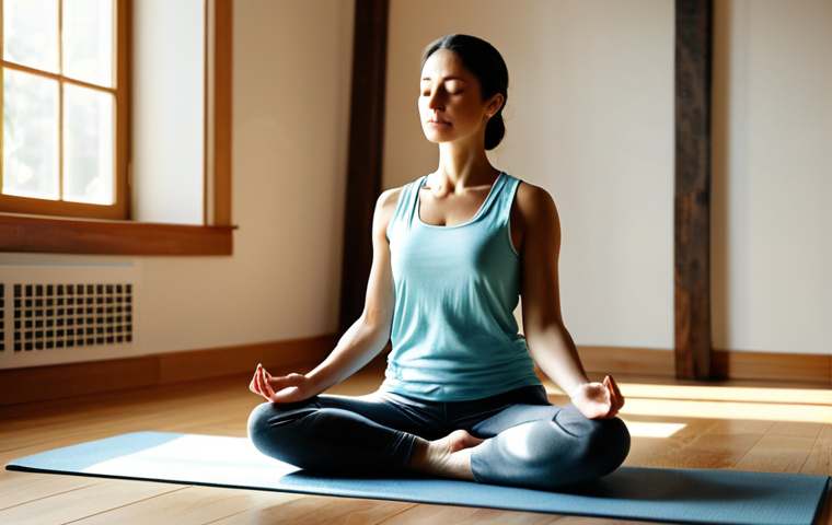 자기 대화의 부정적 영향 식별하기 - Mindfulness & Meditation**
"A serene woman in comfortable, modest clothing practices mindful breath...