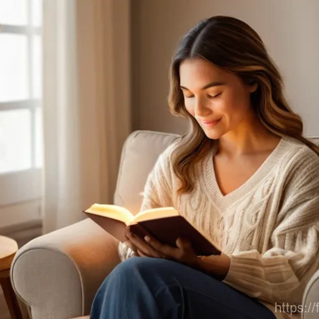 자기 대화 개선을 위한 사례 분석 - **Prompt:** A serene woman, mid-30s, with a warm, gentle expression, sits comfortably on a plush arm...
