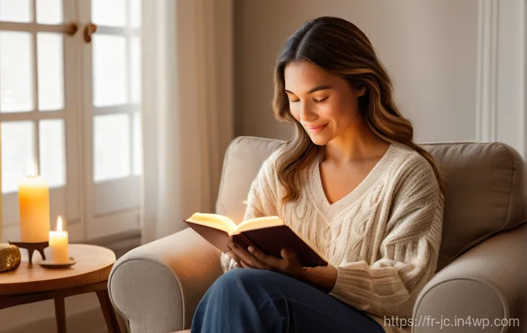 자기 대화 개선을 위한 사례 분석 - **Prompt:** A serene woman, mid-30s, with a warm, gentle expression, sits comfortably on a plush arm...