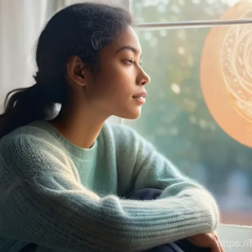 자기 대화와 성공적인 커뮤니케이션 - **Prompt: The Inner Whisper**
A serene, contemplative young woman sits by a sun-drenched window,...