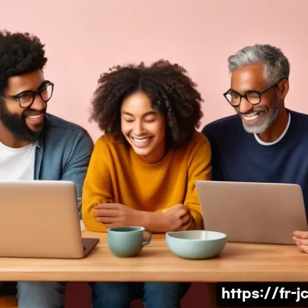자기 대화 개선을 위한 온라인 커뮤니티 - A diverse online community group engaged in a supportive virtual discussion about self-awareness and...