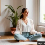 Home 22 자기 대화의 긍정적 변화를 위한 팁 - A serene French woman in her 30s practicing mindfulness meditation in a cozy Parisian apartment, sof...