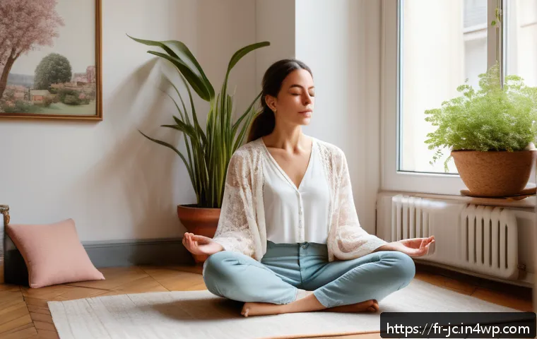 자기 대화의 긍정적 변화를 위한 팁 - A serene French woman in her 30s practicing mindfulness meditation in a cozy Parisian apartment, sof...
