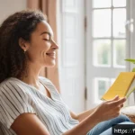 Home 20 자기 대화 향상을 위한 Affirmations - A serene modern French living room with a calm, focused adult woman sitting comfortably in an armcha...