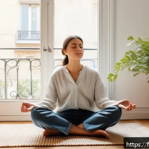 Home 31 자기 대화 개선을 위한 30일 챌린지 - A serene morning scene in a cozy, sunlit Parisian apartment where a young French woman in comfortabl...