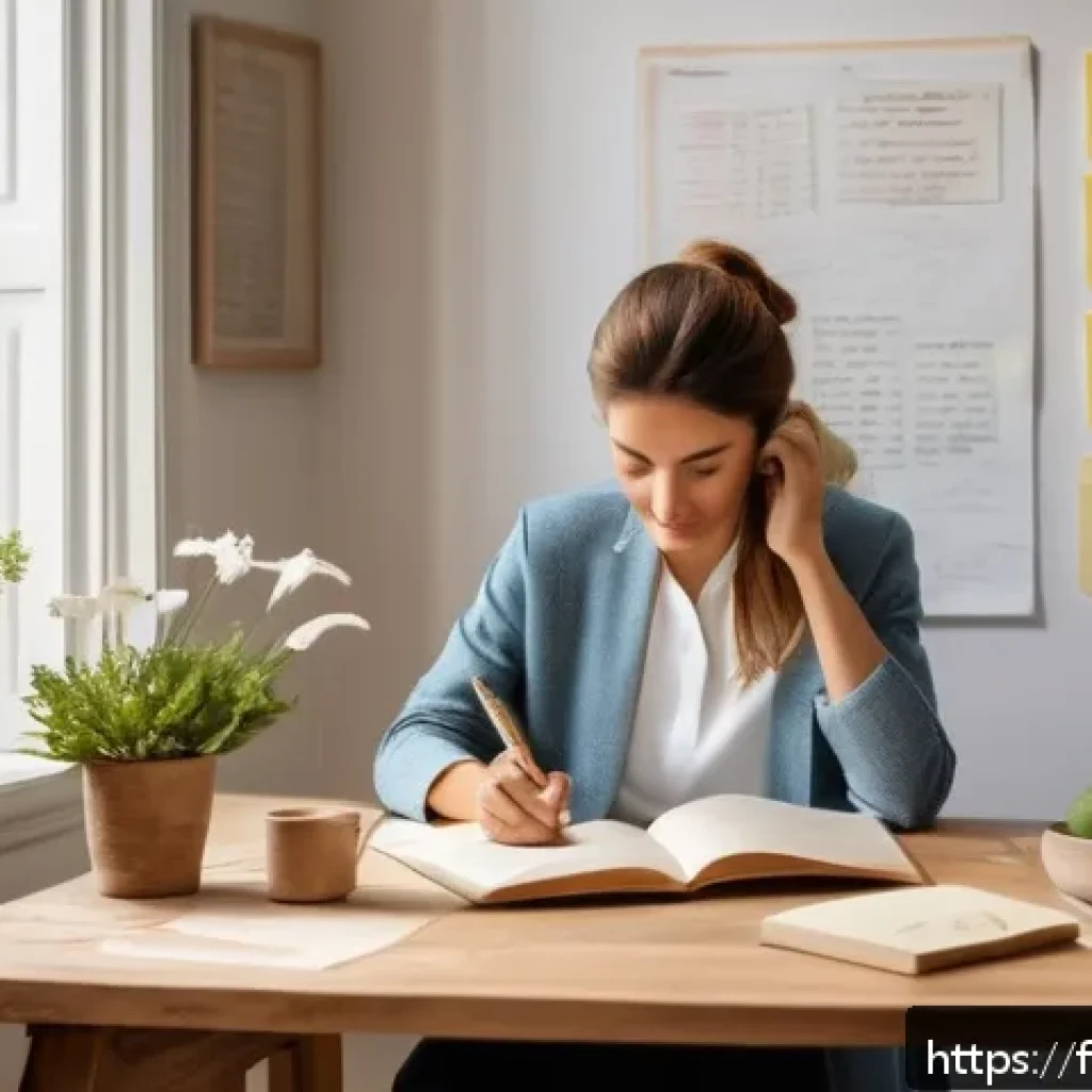 자기 대화와 스트레스 해소의 연결성 - A serene, softly lit home office scene in early morning light, featuring a French adult sitting calm...