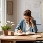 Home 18 자기 대화와 스트레스 해소의 연결성 - A serene, softly lit home office scene in early morning light, featuring a French adult sitting calm...