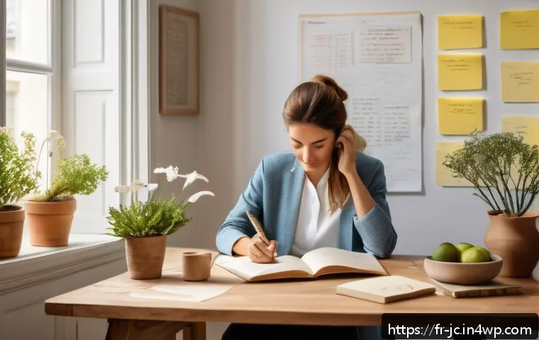 자기 대화와 스트레스 해소의 연결성 - A serene, softly lit home office scene in early morning light, featuring a French adult sitting calm...