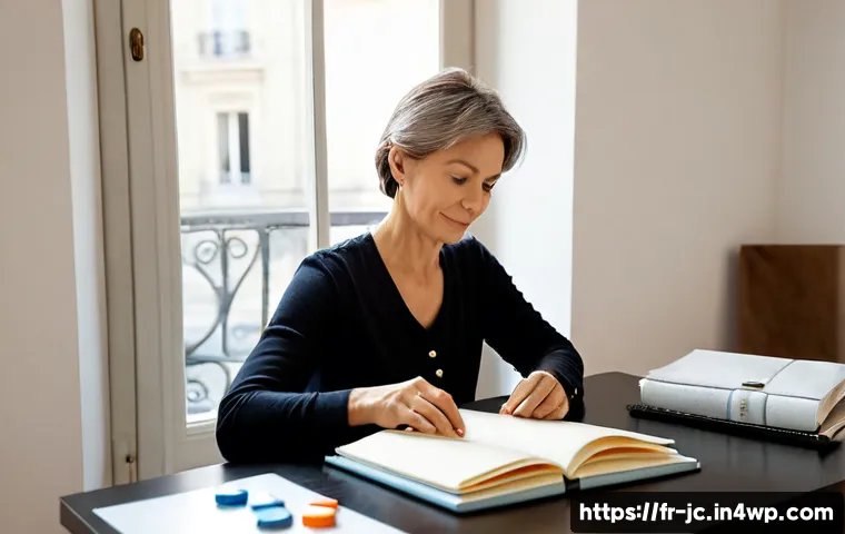 Home 17 자기 대화 개선을 위한 실험적 접근 - Photorealistic French woman in her 40s conducting a self-reflection experiment at a bright Paris apa...